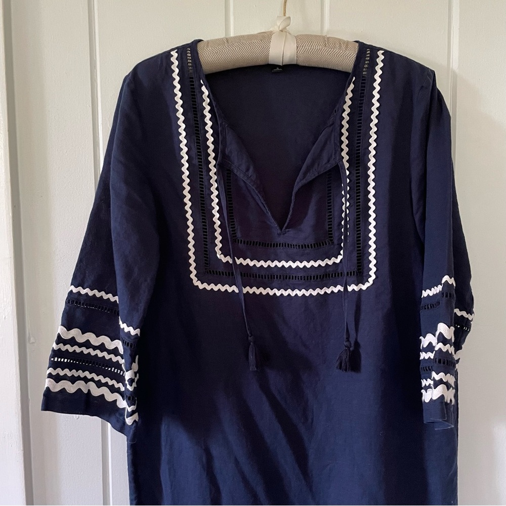 Navy and White French Riviera Linen Cotton Blend Dress Beach Cover Up